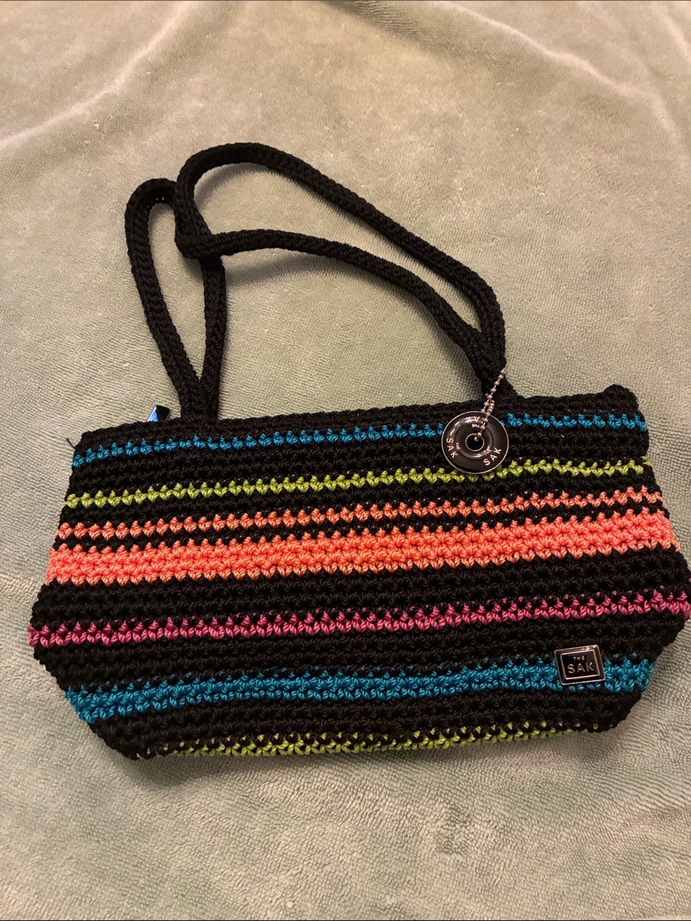 The Sak Black Crochet Shoulder Bag with Multicolor Stripes